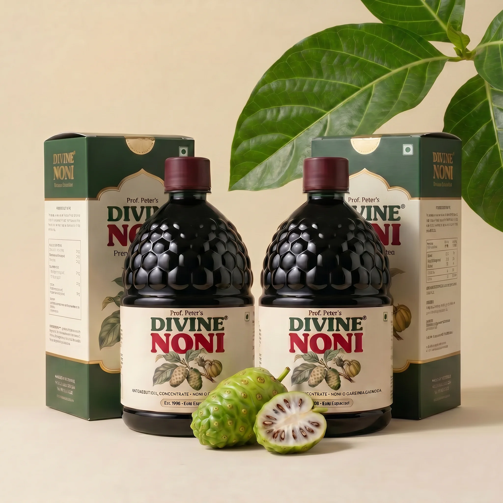 Two bottles of Prof. Peter's Divine Noni nutraceutical concentrate in front of their boxes on a warm cream background, with fresh noni fruit in the foreground and green noni leaves behind.