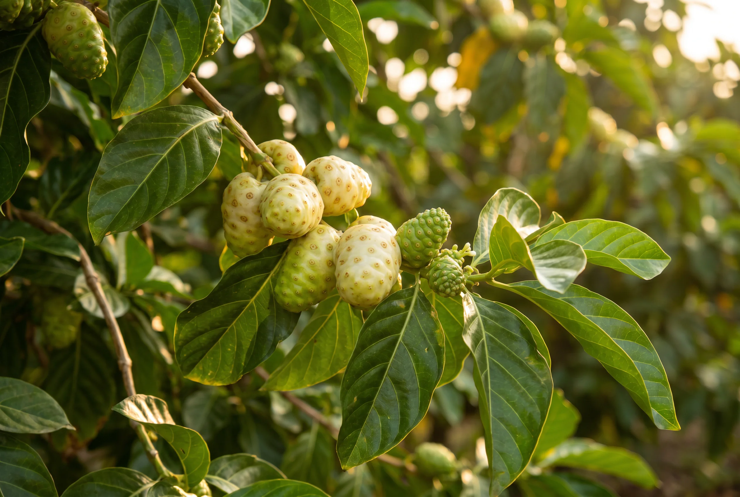 Noni fruit branch with clusters of ripe cream-white fruit against deep green tropical foliage in natural light