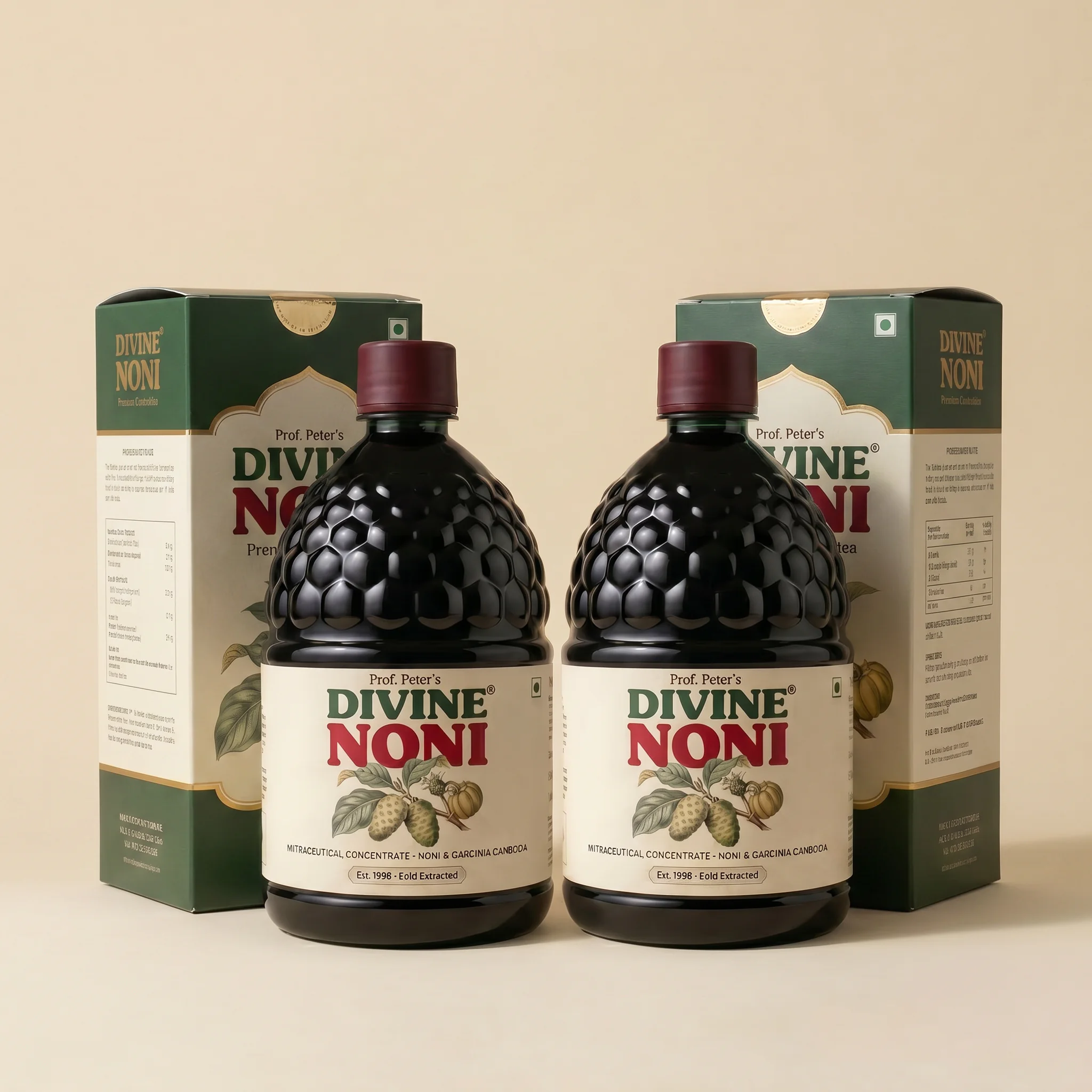 Two bottles of Prof. Peter's Original Divine Noni noni and amla concentrate, standing in front of their boxes on a warm cream background.